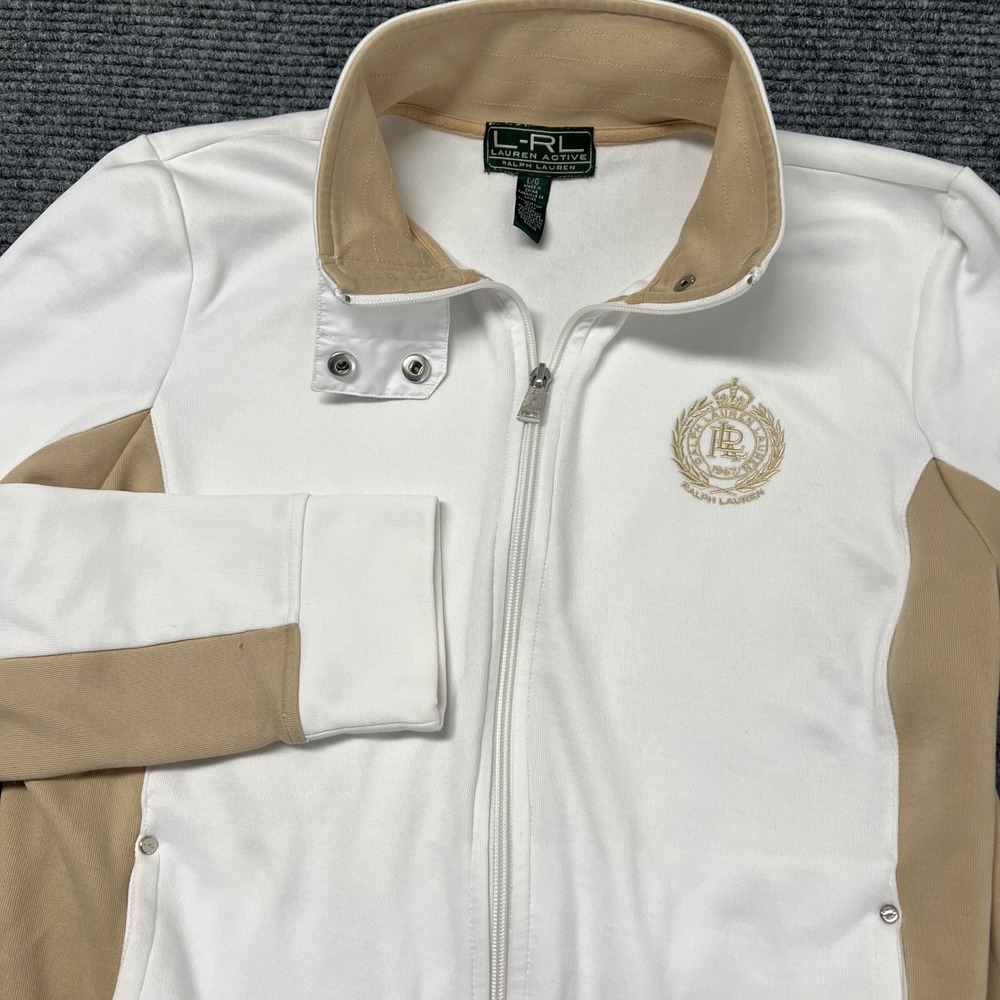 Lauren Ralph Lauren Active White Tan Crest‎ Zip Track Jacket Womens Large LRL